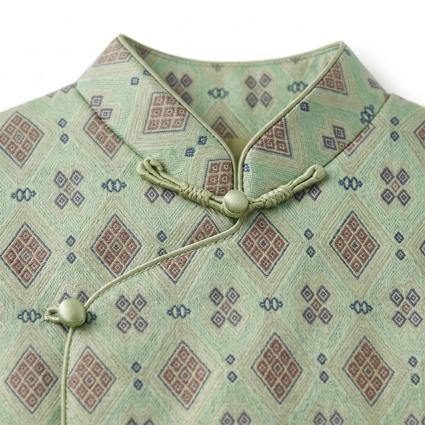 Diamond Lattice Silk Vest with Mandarin Collar (Ash Green)