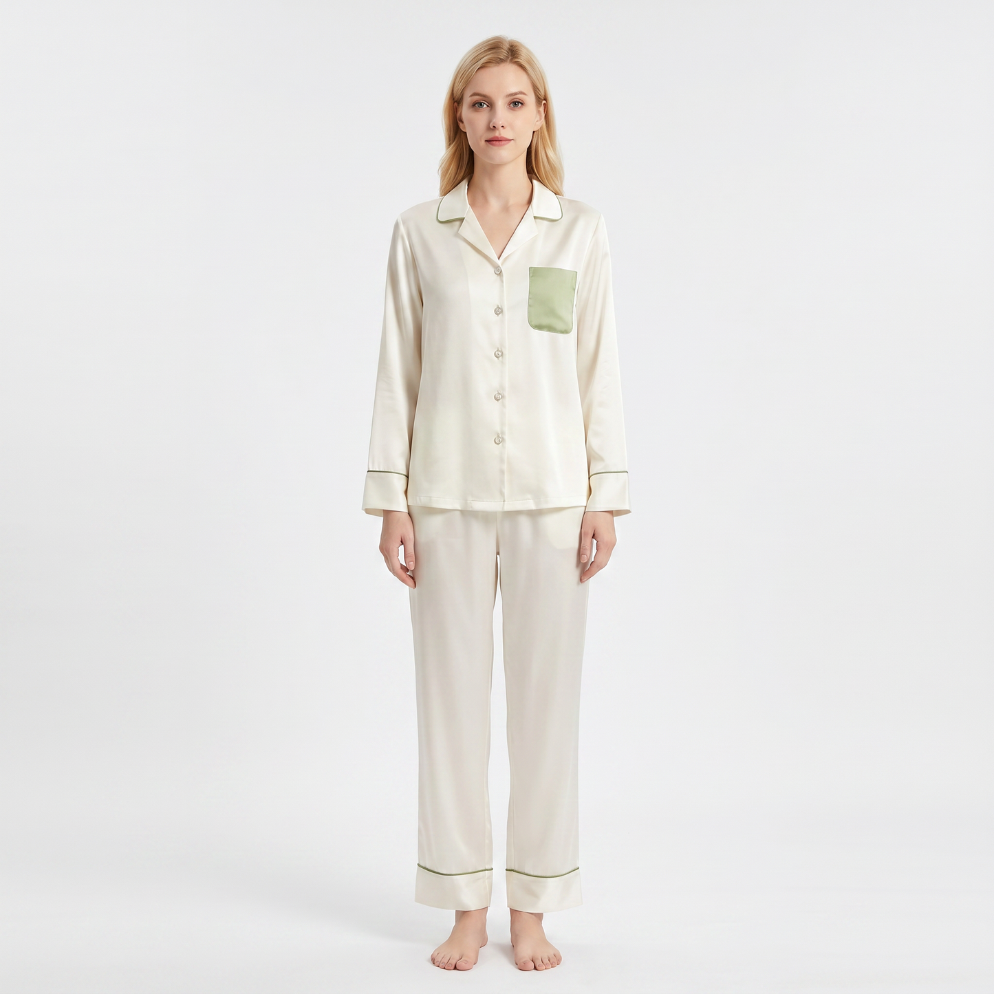 Qingsong Collection Pocket-Trimmed Silk Pajama Set