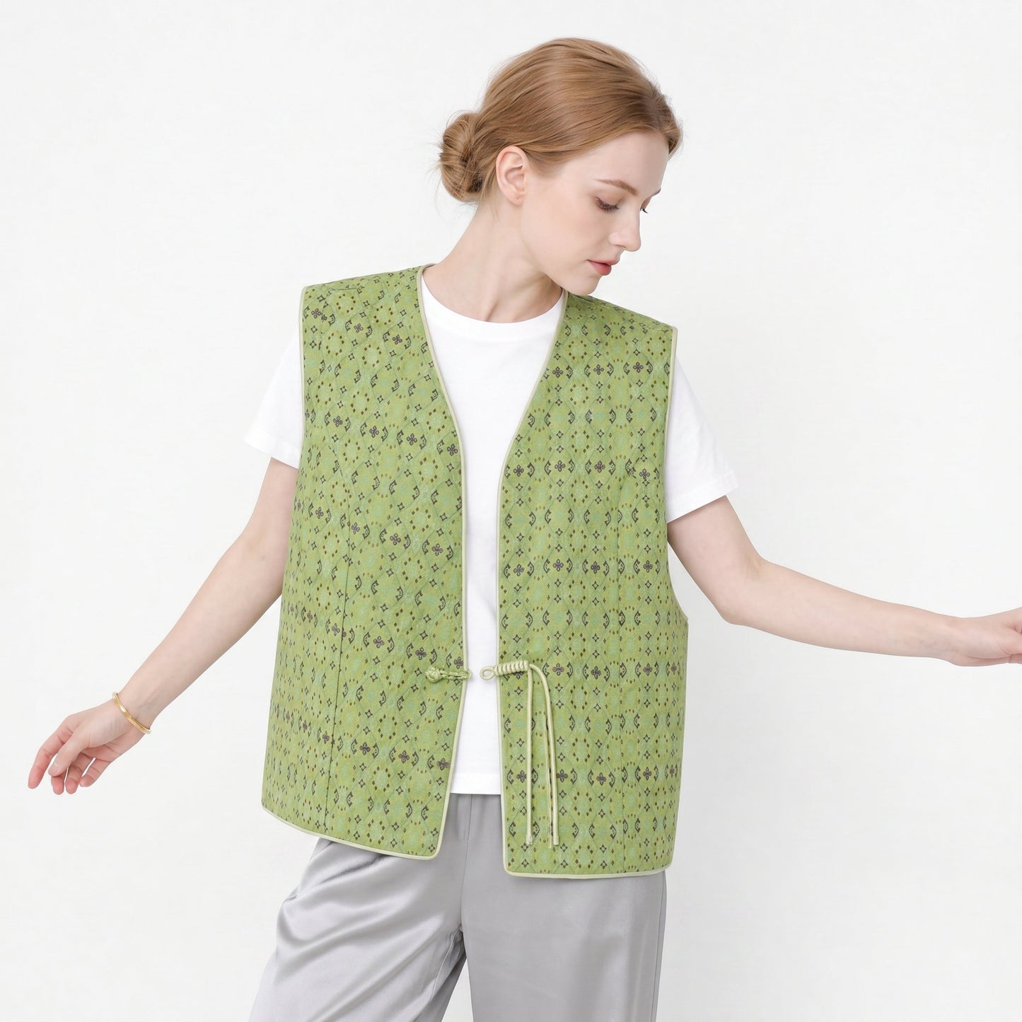 Diamond Lattice Silk Mandarin Vest (Light Green)