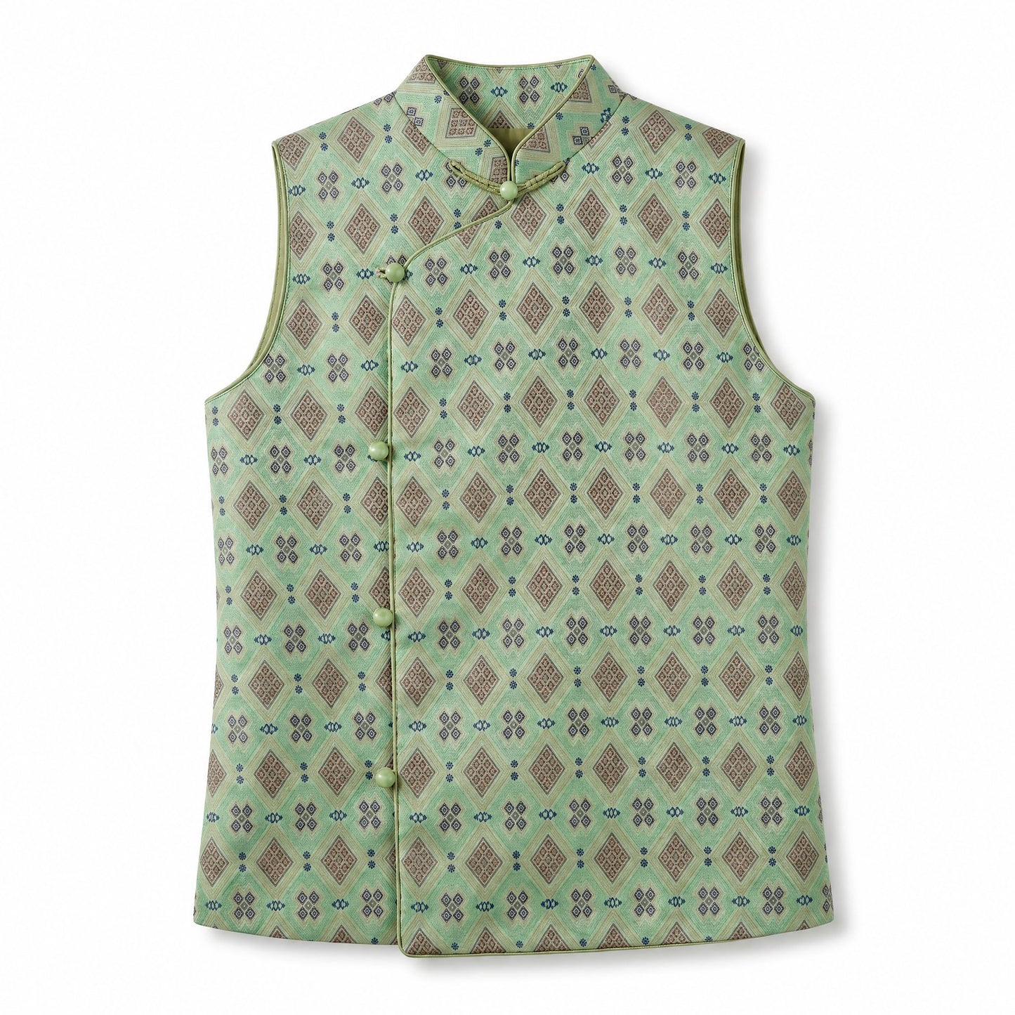 Diamond Lattice Silk Vest with Mandarin Collar (Ash Green)