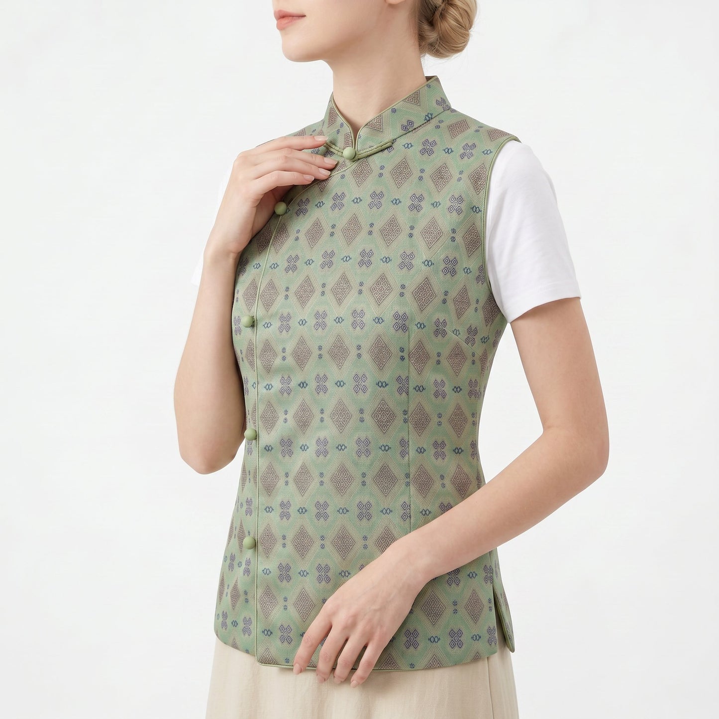 Diamond Lattice Silk Vest with Mandarin Collar (Ash Green)