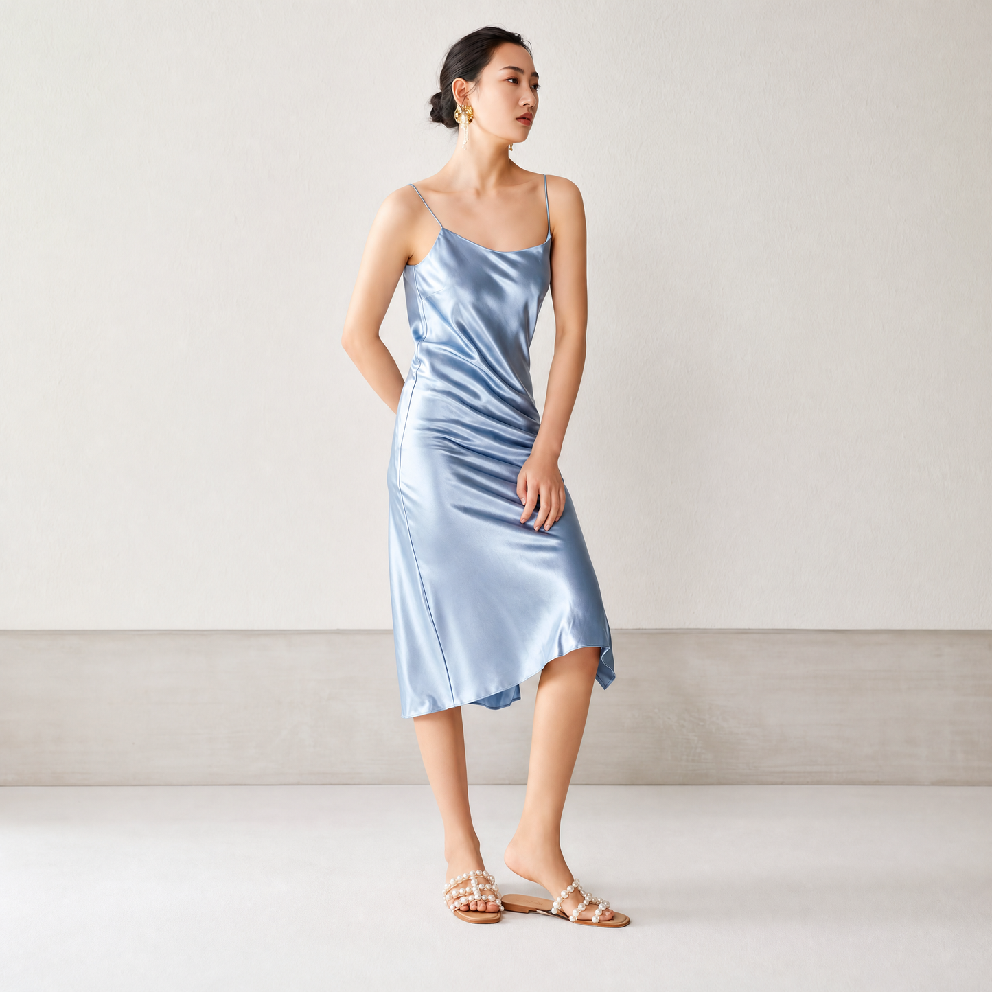 19 Momme Grade 6A 100% Mulberry Silk Midi Slip Dress, Cowl Neck Sleeveless Dual-Purpose Mid-Calf Dress For Indoor & Outdoor