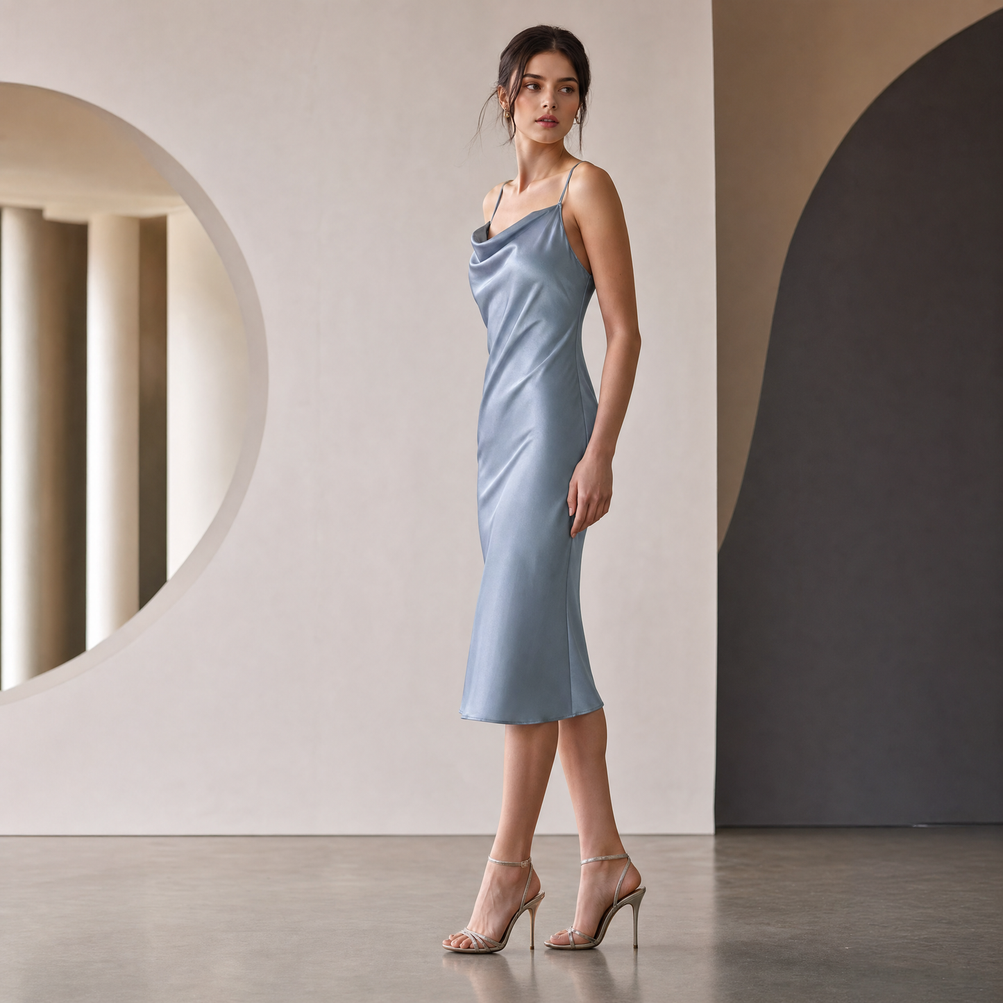 19 Momme Grade 6A 100% Mulberry Silk Midi Slip Dress, Cowl Neck Sleeveless Dual-Purpose Mid-Calf Dress For Indoor & Outdoor