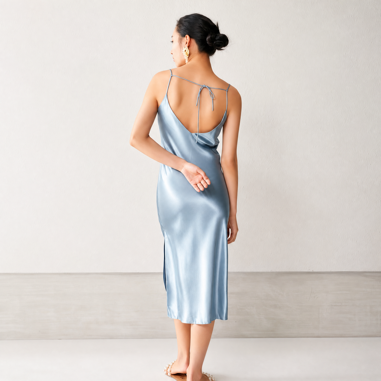 19 Momme Grade 6A 100% Mulberry Silk Midi Slip Dress, Cowl Neck Sleeveless Dual-Purpose Mid-Calf Dress For Indoor & Outdoor