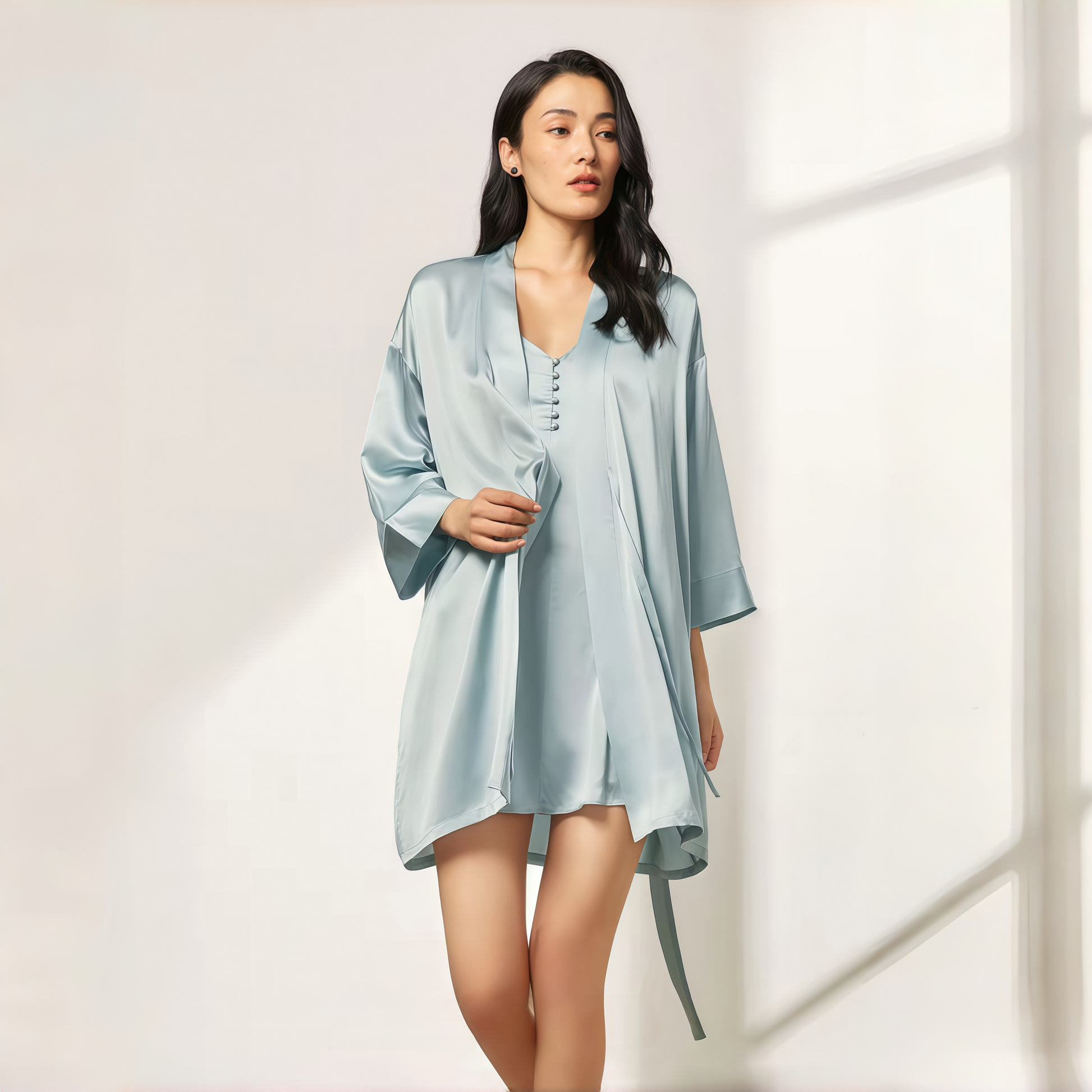 19 Momme Grade 6A 100% Mulberry Silk Two-Piece Set, French Button Slip Dress & Loose Long Sleeve Robe Sleepwear
