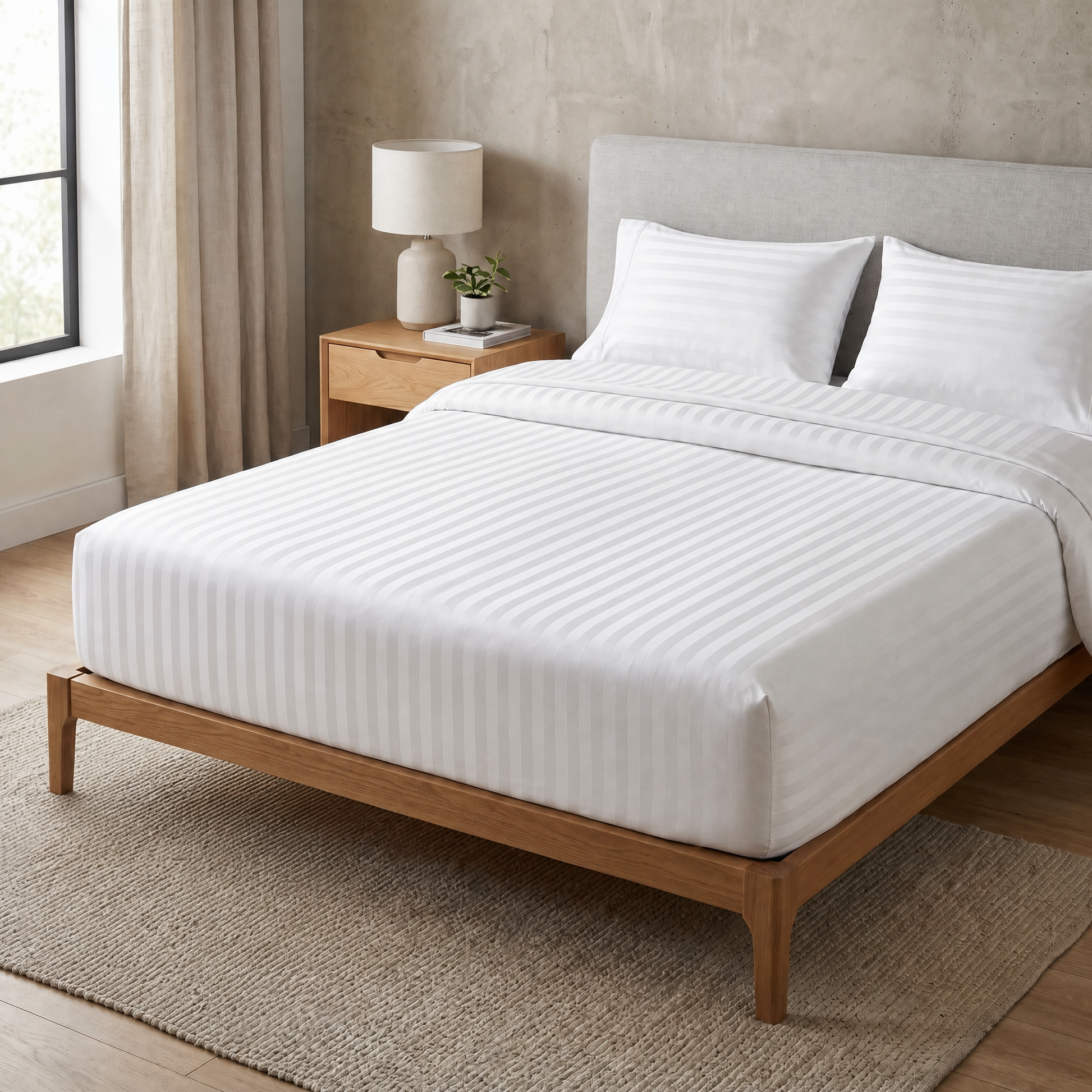 22 Momme Bama Oxygen Water Finished Silk-Cotton Satin Stripe Fitted Sheet