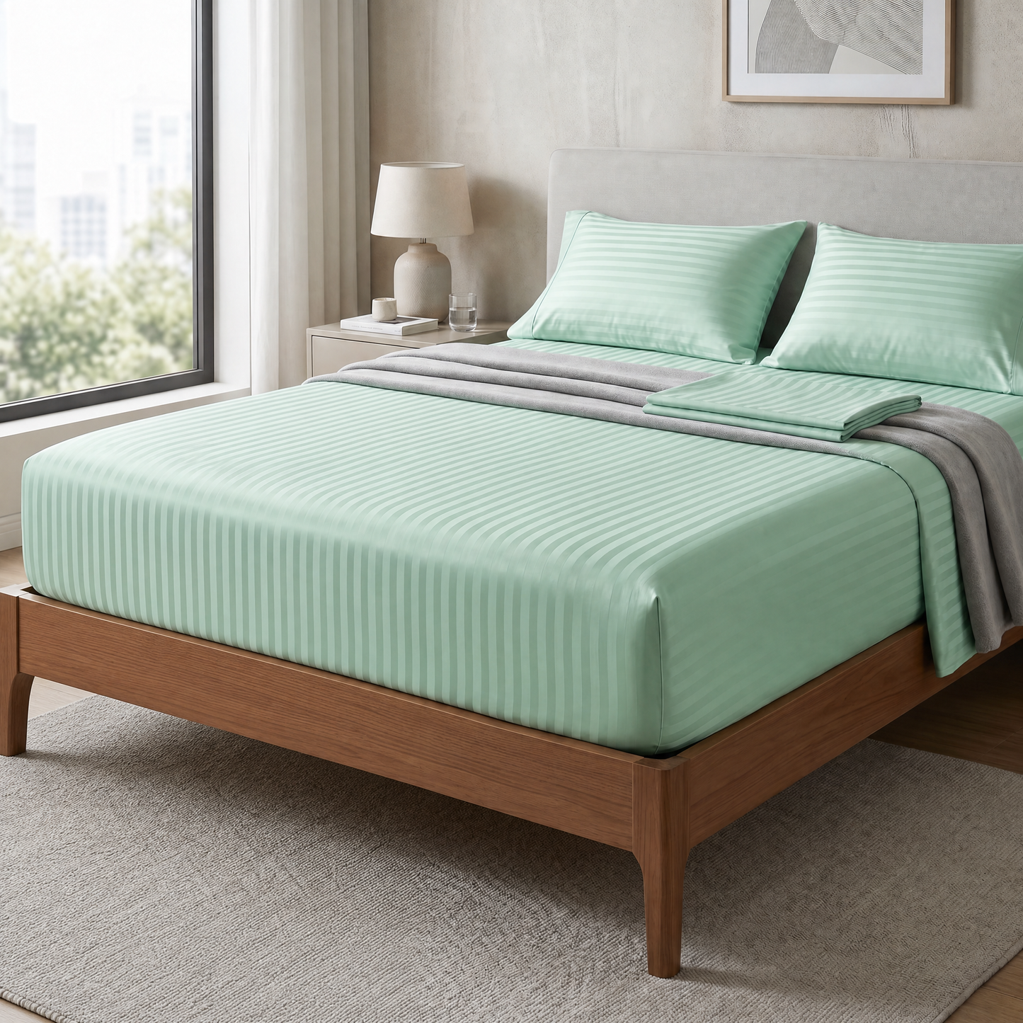 22 Momme Bama Oxygen Water Finished Silk-Cotton Satin Stripe Fitted Sheet