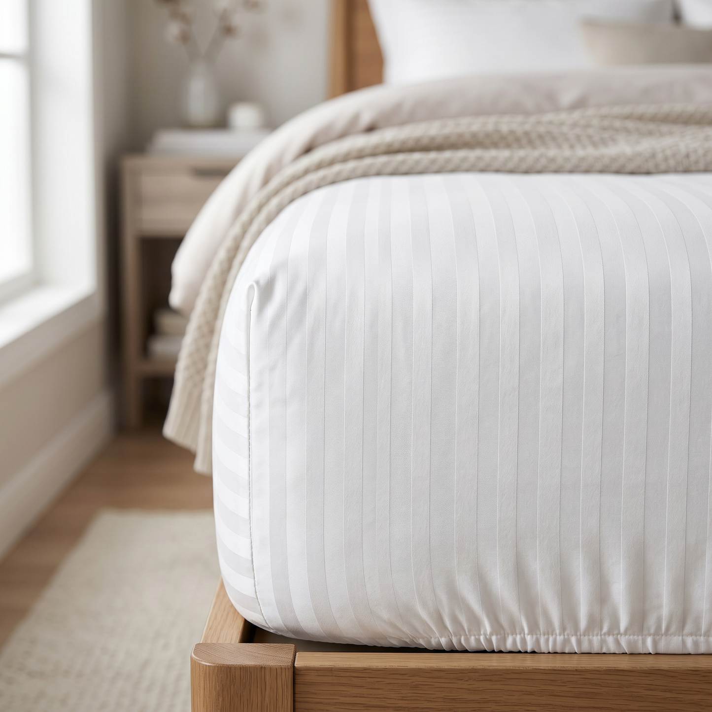 22 Momme Bama Oxygen Water Finished Silk-Cotton Satin Stripe Fitted Sheet