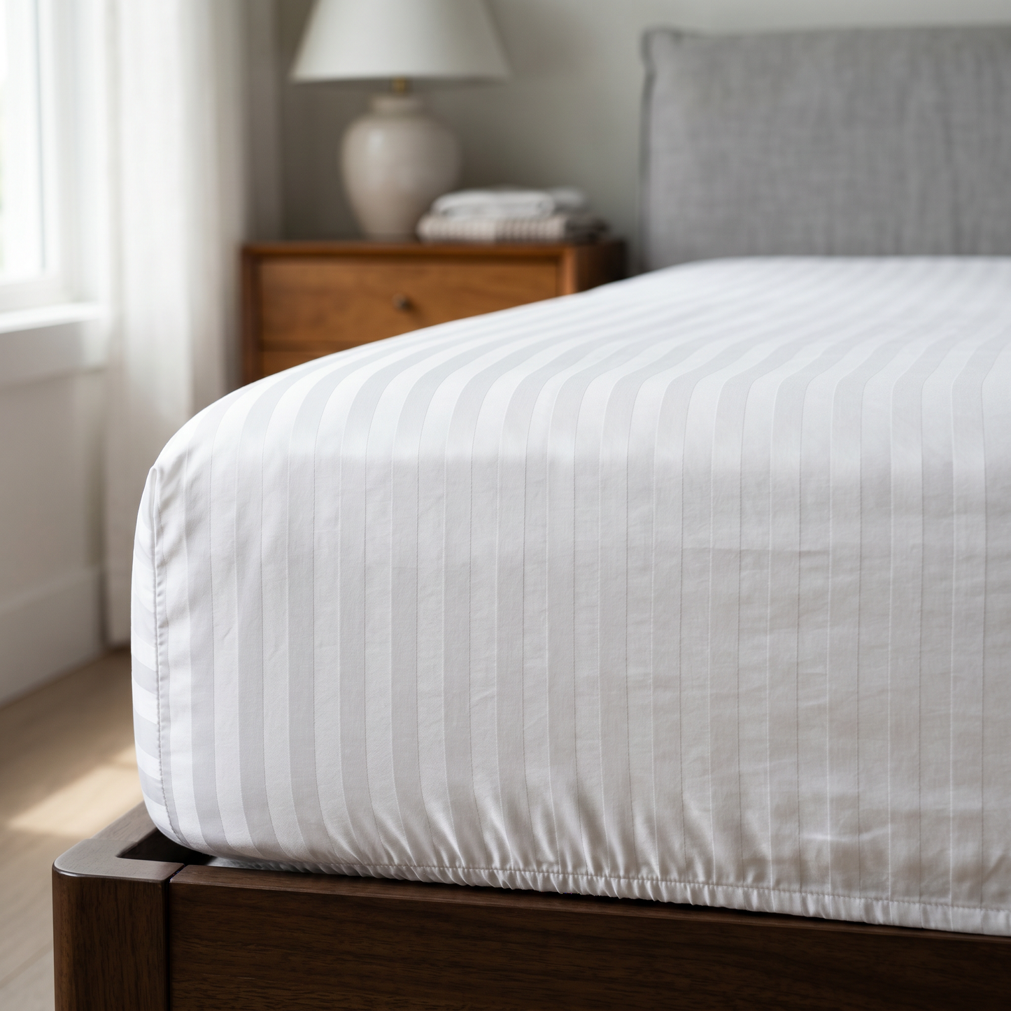 22 Momme Bama Oxygen Water Finished Silk-Cotton Satin Stripe Fitted Sheet
