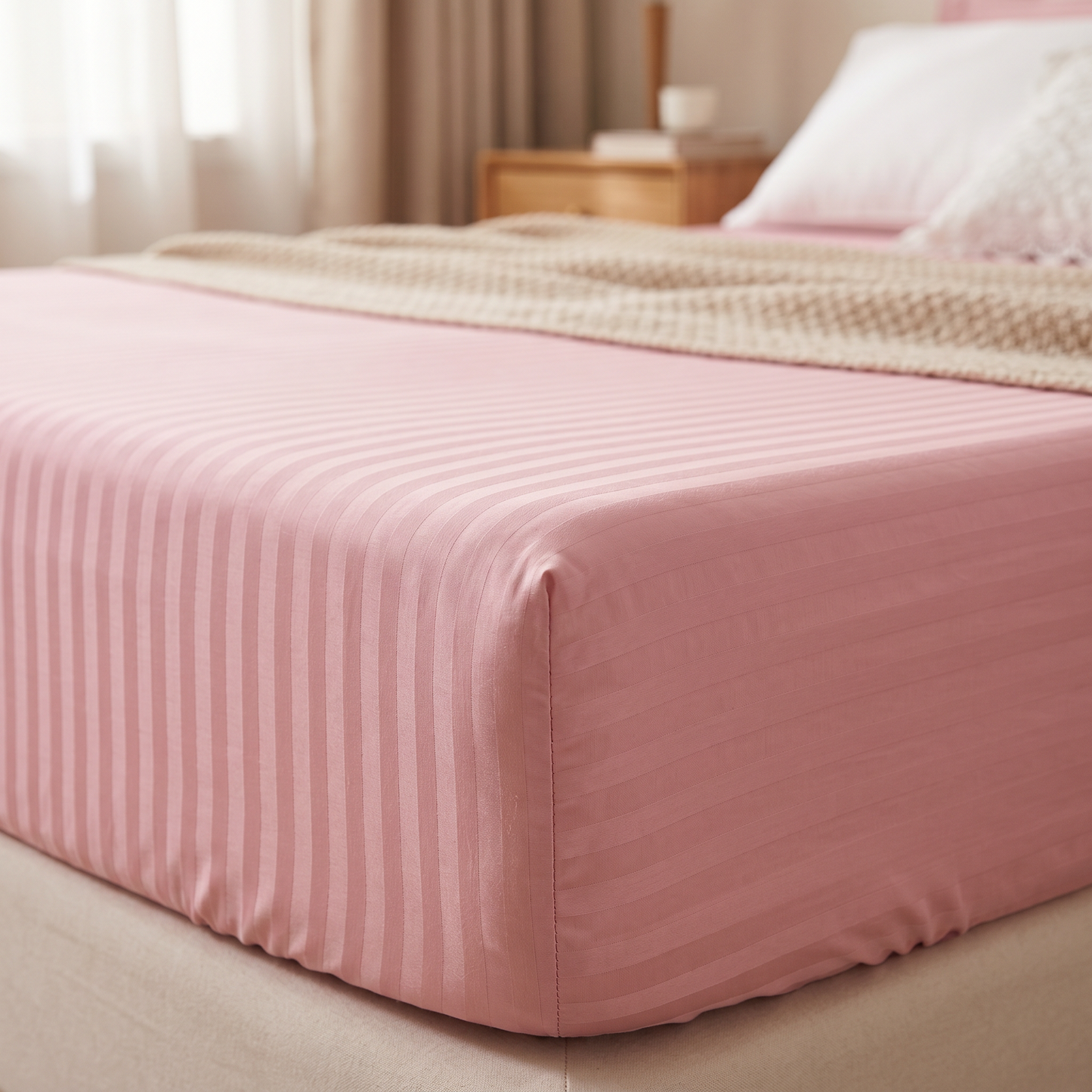 22 Momme Bama Oxygen Water Finished Silk-Cotton Satin Stripe Fitted Sheet