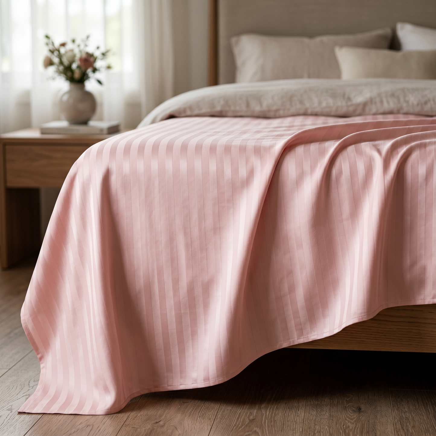22 Momme Bama Oxygen Water Finished Silk-Cotton Satin Stripe Flat Sheet