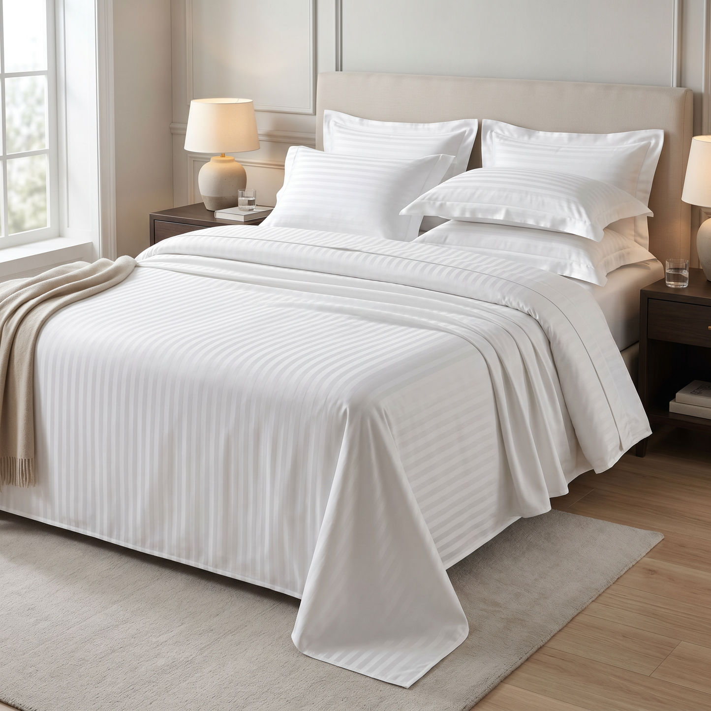 22 Momme Bama Oxygen Water Finished Silk-Cotton Satin Stripe Flat Sheet