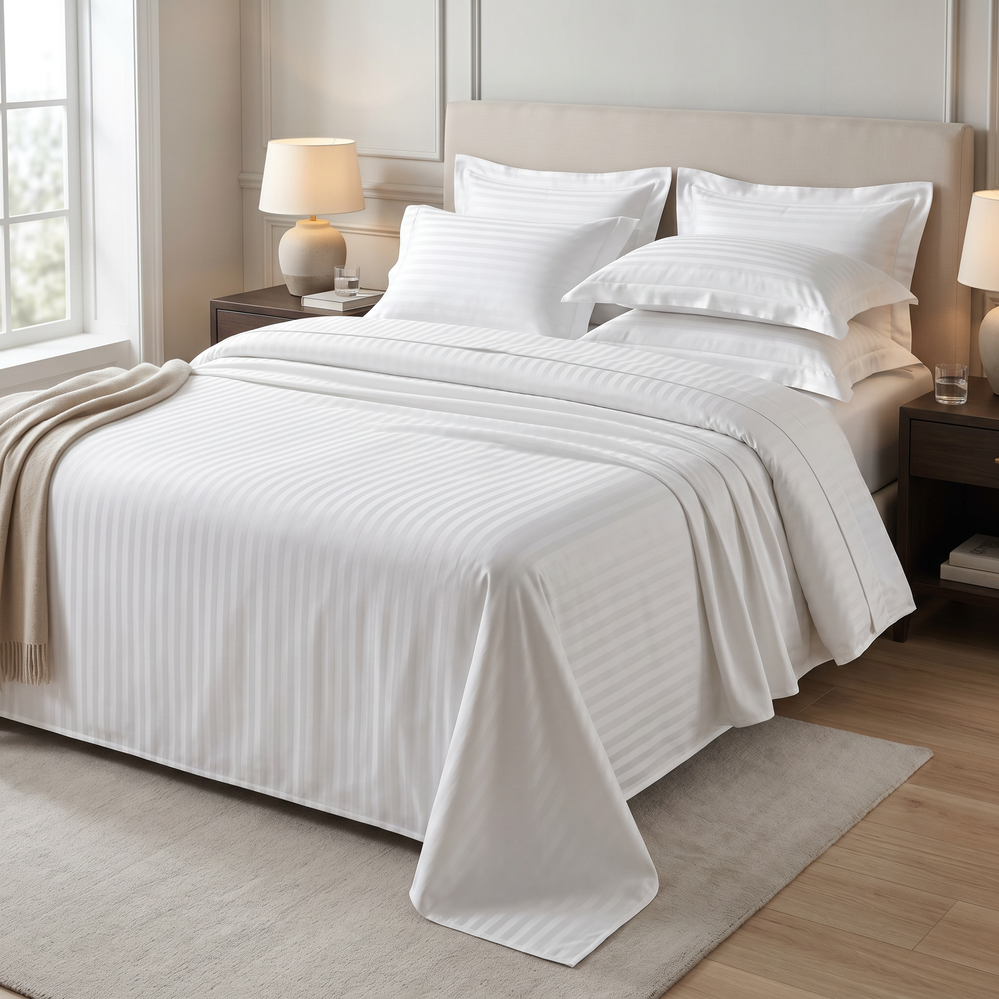 22 Momme Bama Oxygen Water Finished Silk-Cotton Satin Stripe Flat Sheet