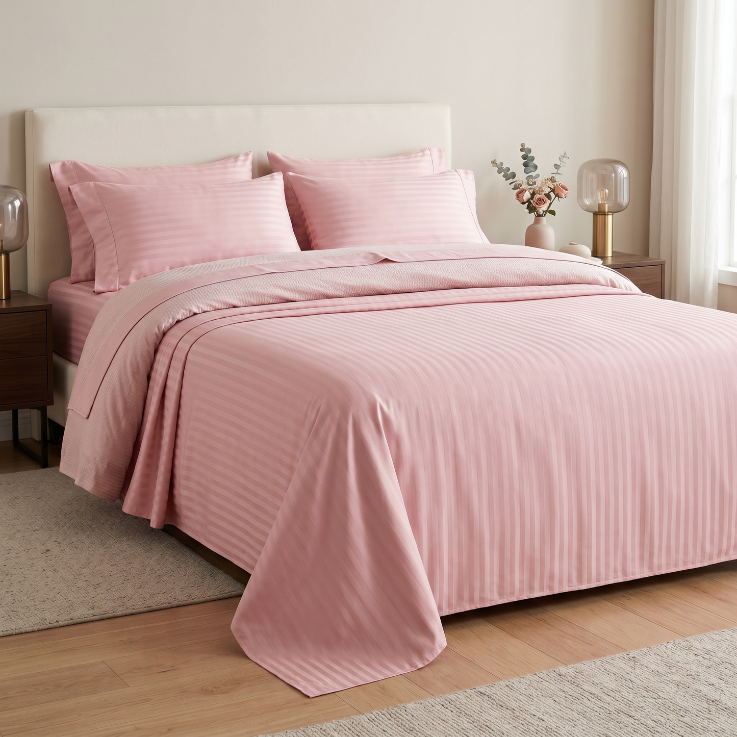 22 Momme Bama Oxygen Water Finished Silk-Cotton Satin Stripe Flat Sheet
