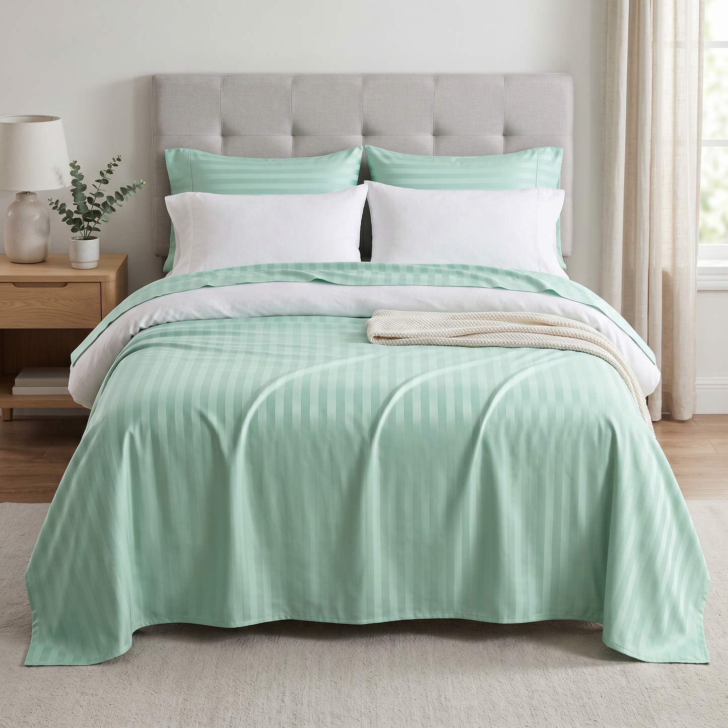 22 Momme Bama Oxygen Water Finished Silk-Cotton Satin Stripe Flat Sheet
