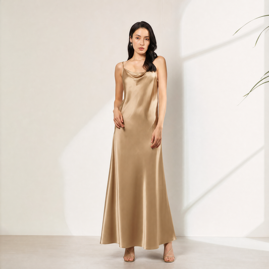 22 Momme Grade 6A 100% Mulberry Silk Maxi Slip Dress, Cowl Neck Sleeveless Dual-Purpose Long Dress For Indoor & Outdoor