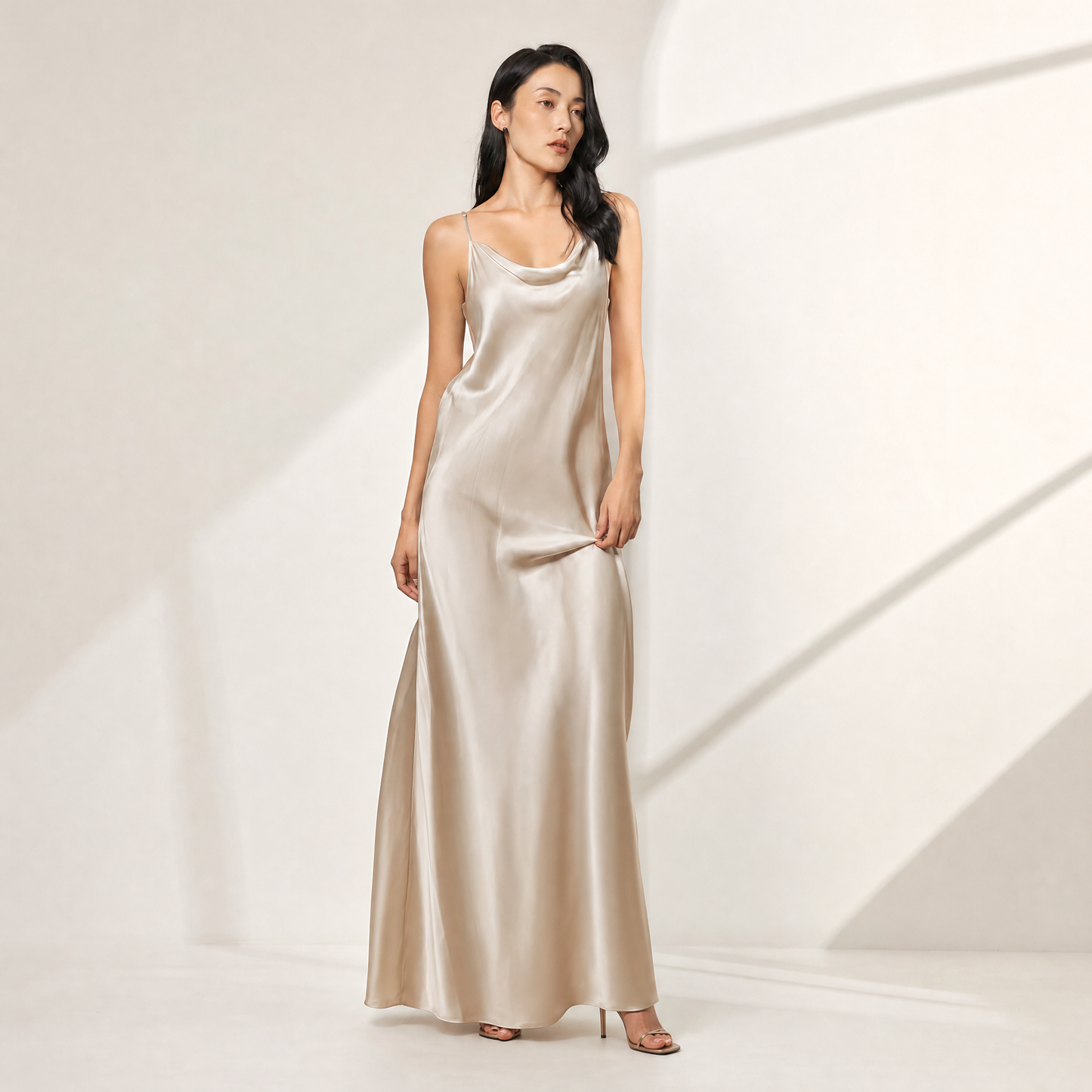 22 Momme Grade 6A 100% Mulberry Silk Maxi Slip Dress, Cowl Neck Sleeveless Dual-Purpose Long Dress For Indoor & Outdoor
