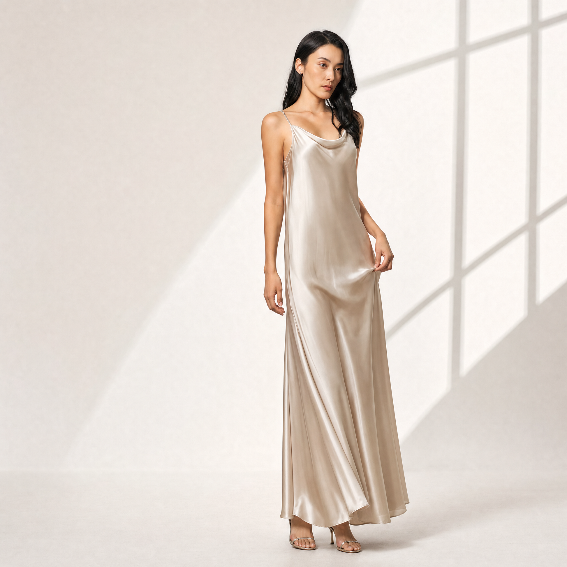 22 Momme Grade 6A 100% Mulberry Silk Maxi Slip Dress, Cowl Neck Sleeveless Dual-Purpose Long Dress For Indoor & Outdoor