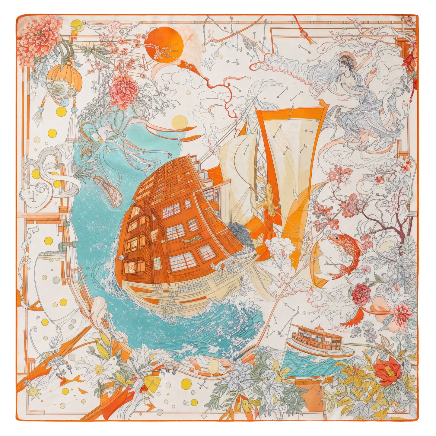 Illustrated Garden Zhuang Brocade Silk Scarf
