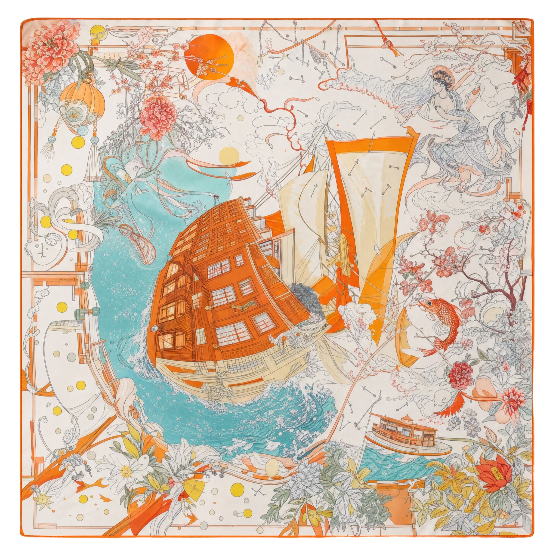 Illustrated Garden Zhuang Brocade Silk Scarf