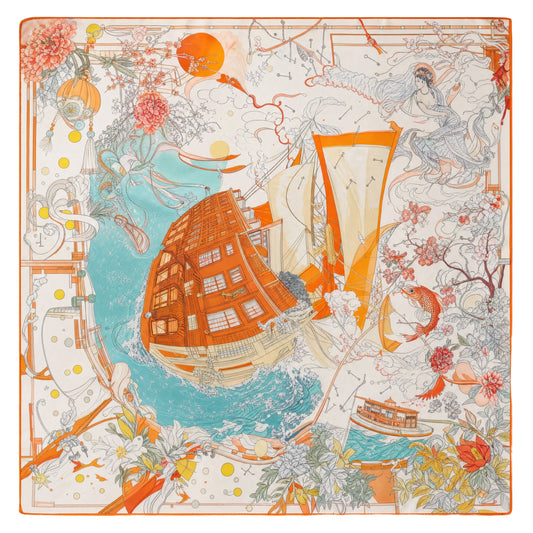Illustrated Garden Zhuang Brocade Silk Scarf