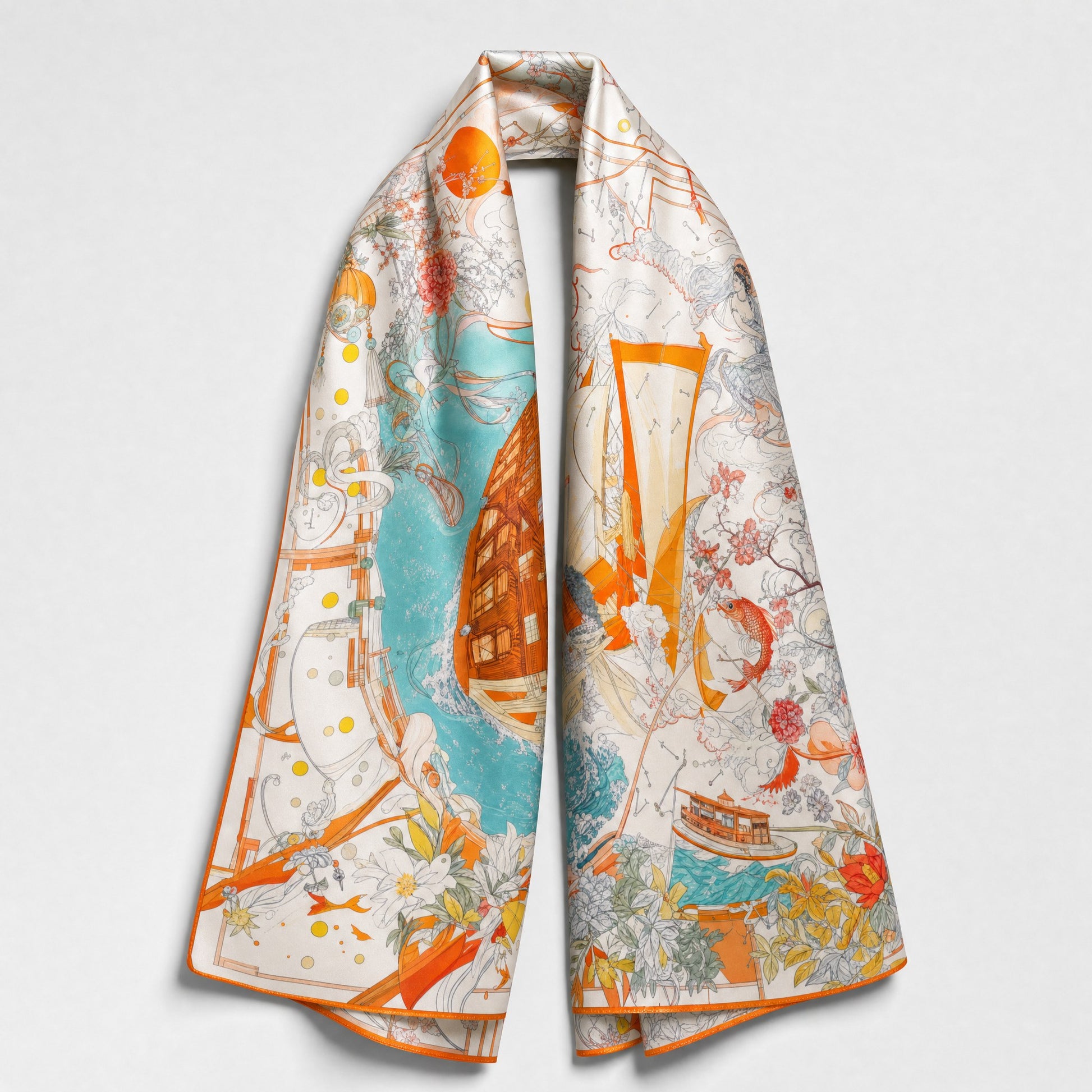 Illustrated Garden Zhuang Brocade Silk Scarf