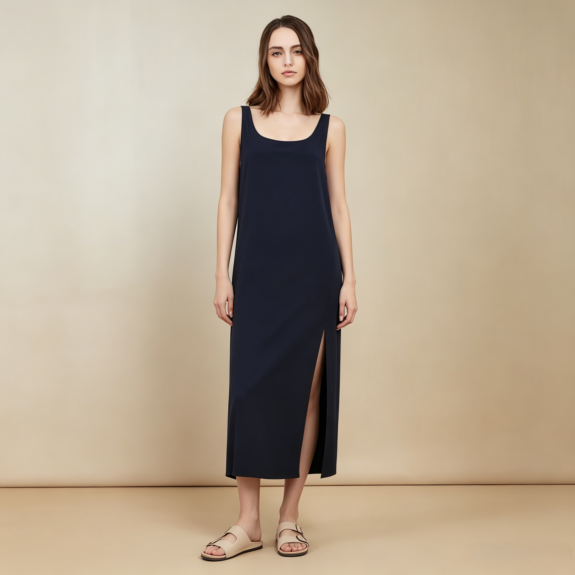 Soho 16 Momme Grade 6A Mulberry Silk Crepe Slit Tank Midi Dress
