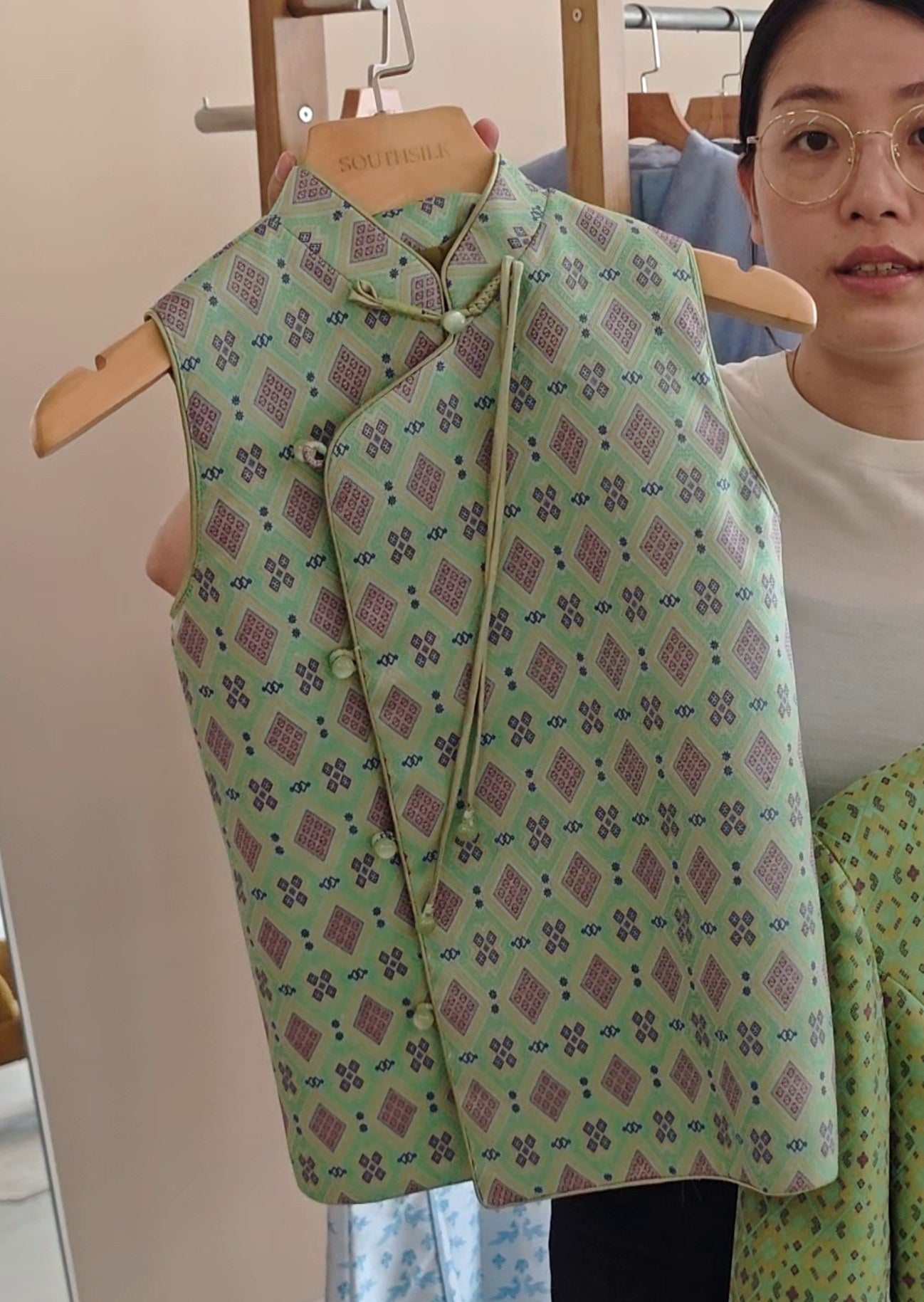 Women's Green Zhuang Brocade Asymmetric Vest