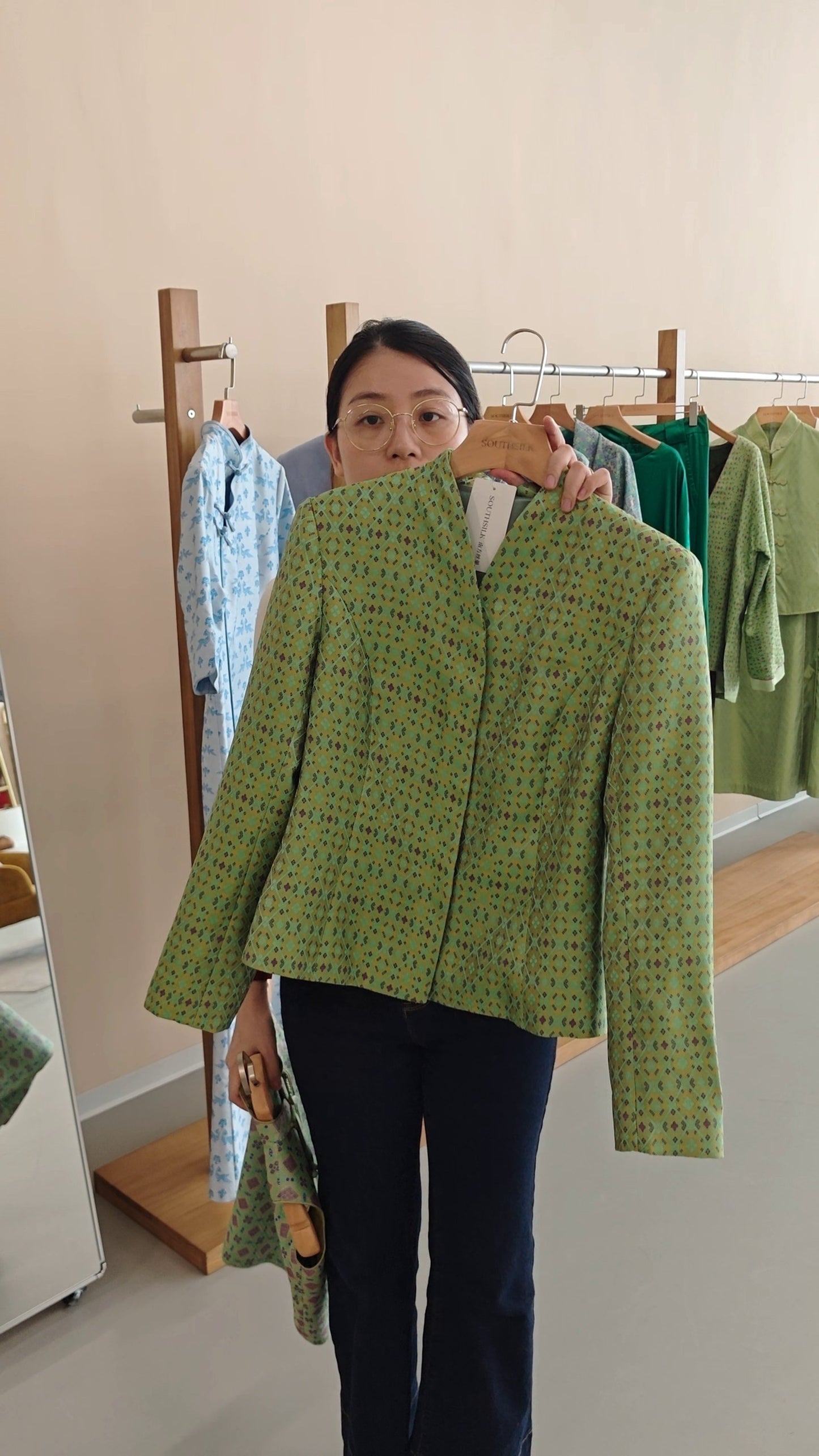 Women's Green Zhuang Brocade Short Blazer