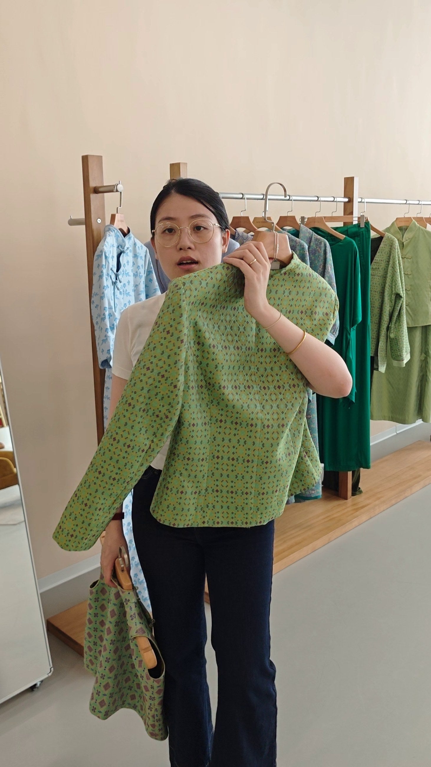 Women's Green Zhuang Brocade Short Blazer