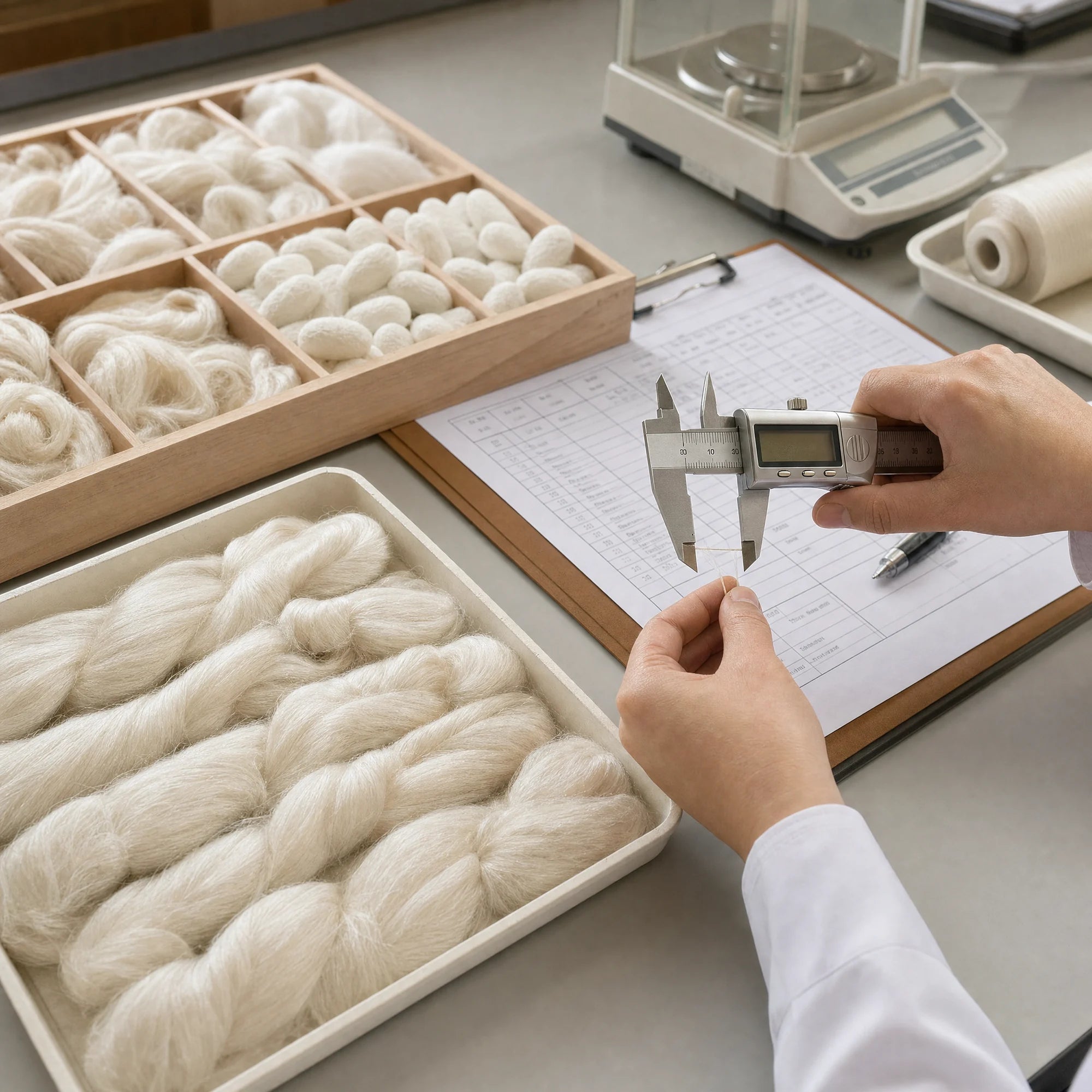 Raw silk specification inspection for custom denier and grade requirements