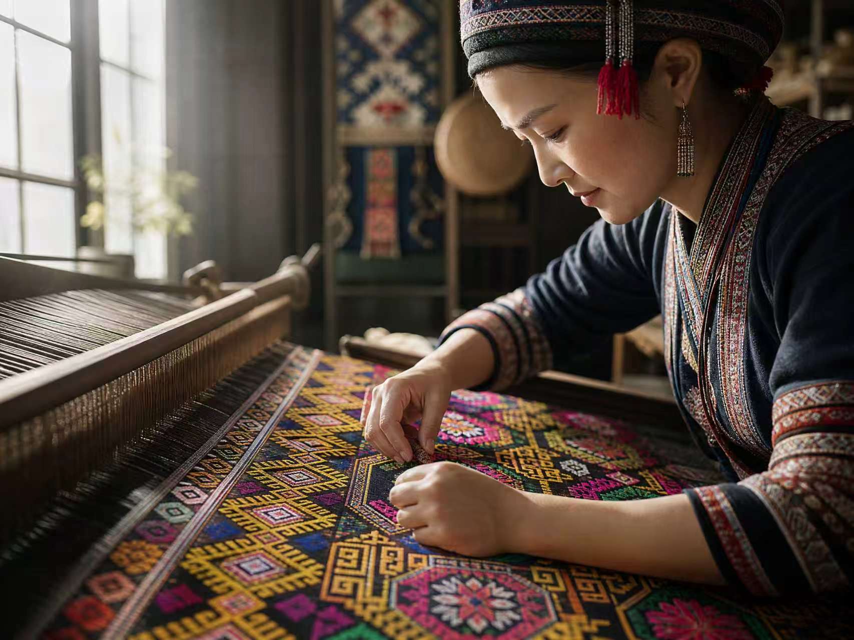 Zhuang artisan hand-finishing traditional brocade fabric