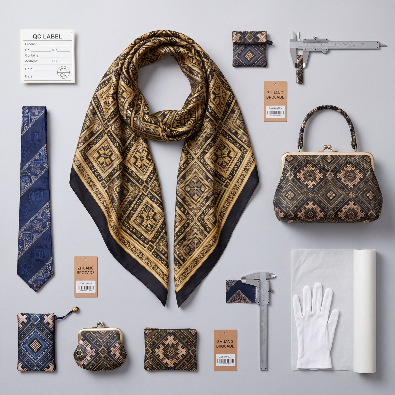 Zhuang brocade scarves, ties, handbags and accessories arranged for quality inspection